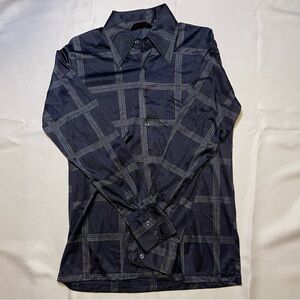 Vintage 70s  Navy Plaid Button-Up Shirt Men’s M Dart collar